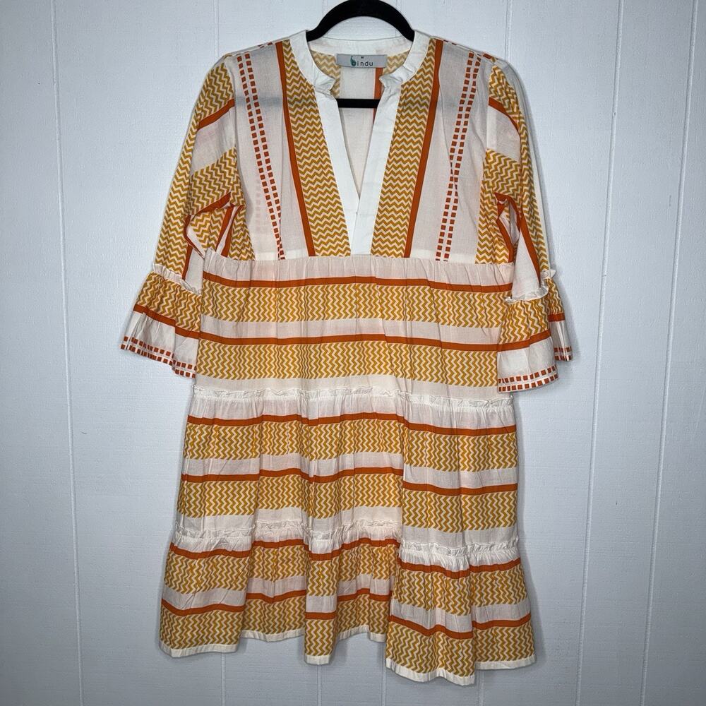 Bindu Women’s Glenda Tiered Mini Dress Orange Striped Chevron Size Medium